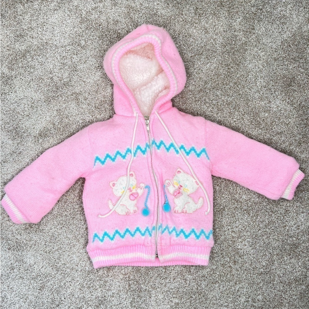 Vintage Tiny Tots Pink Cat Knitted Sherpa Lined Jacket Sweater 24M